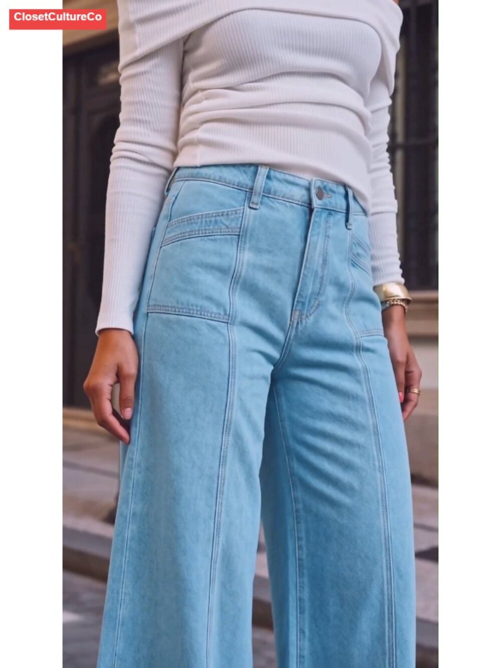 High Rise Wide Leg Stretch Denim Jeans Seam Front Women - Picture 6 of 6
